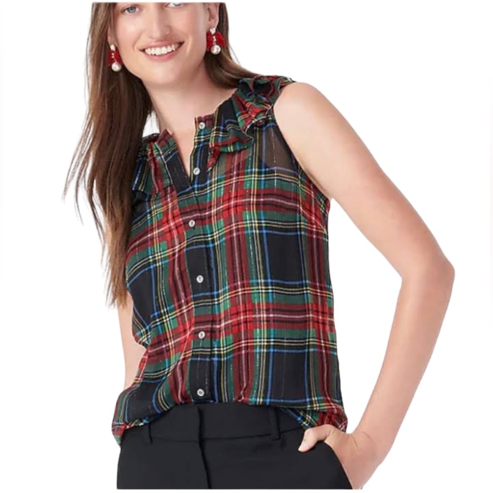 J. Crew Ruffle Collar Chiffon Top in Stewart Tartan Print NWT (R)